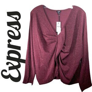 NWT EXPRESS BURGUNDY RED METALLIC SPARKLE TWIST FRONT  V-NECK KNIT SWEATER LARGE